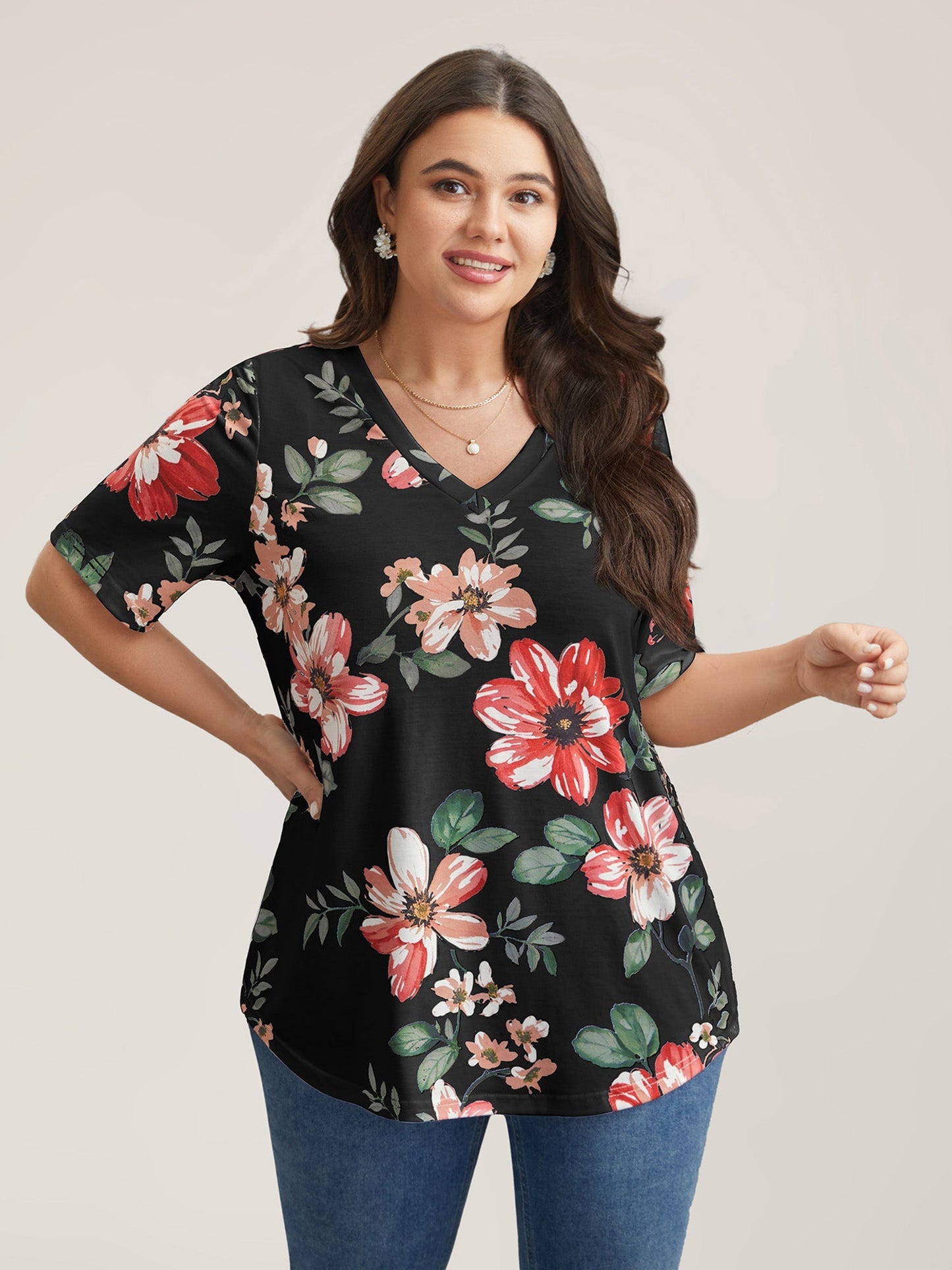 Buntes Blumenmuster V-Ausschnitt T-Shirt