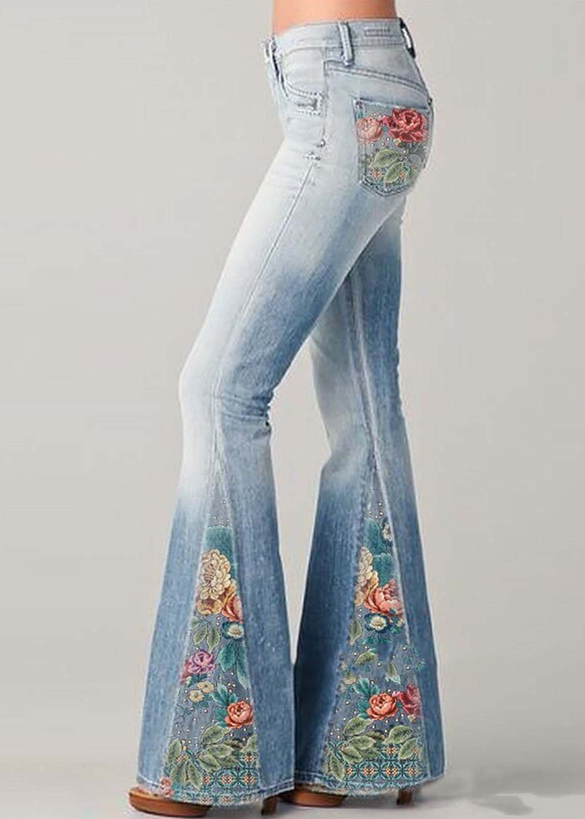 Bohemian Blaue Hochtaillierte Patchwork-Druck Denim Schlaghosen Sommer