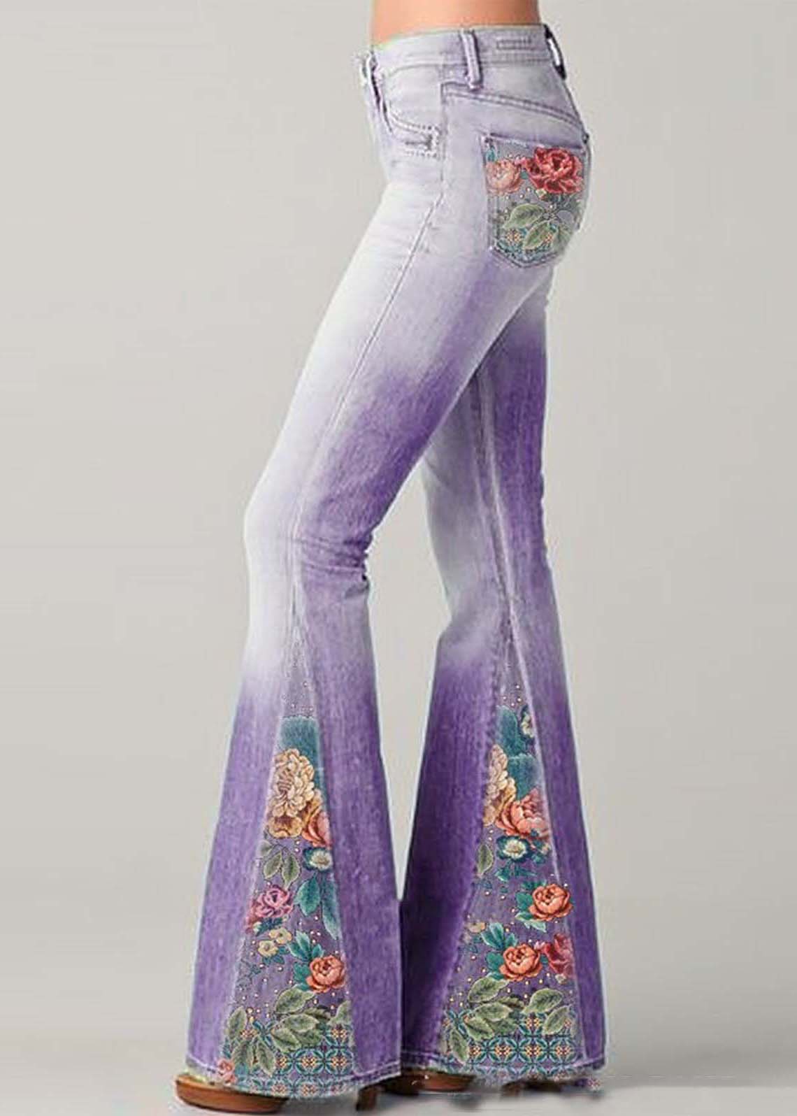 Bohemian Blaue Hochtaillierte Patchwork-Druck Denim Schlaghosen Sommer