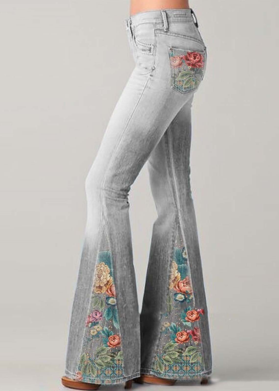 Bohemian Blaue Hochtaillierte Patchwork-Druck Denim Schlaghosen Sommer