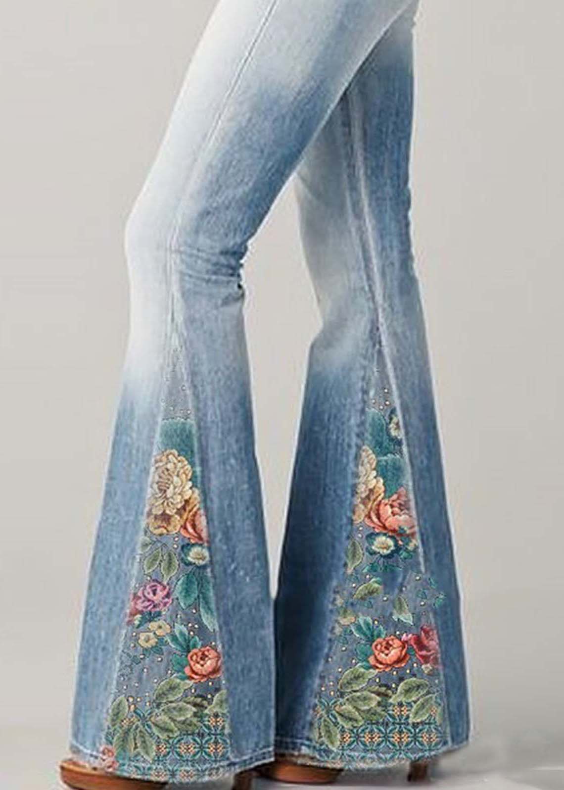 Bohemian Blaue Hochtaillierte Patchwork-Druck Denim Schlaghosen Sommer