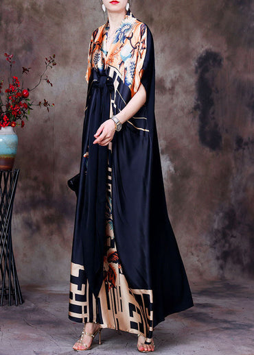 Italienisches Colorblock V-Ausschnitt Asymmetrisches Design Print Seidenkleid mit kurzen Ärmeln