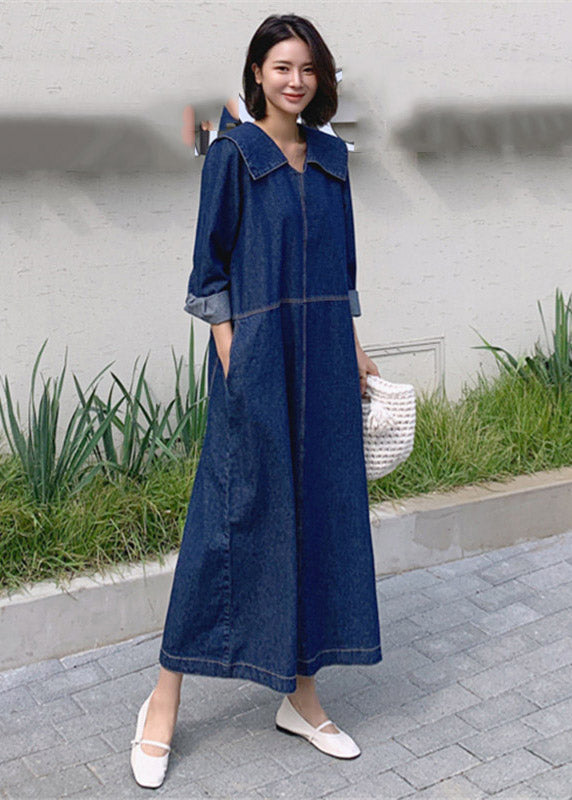 Lockeres Denim-Blaue Peter-Pan-Kragen Patchwork Taschenkleid mit langen Ärmeln