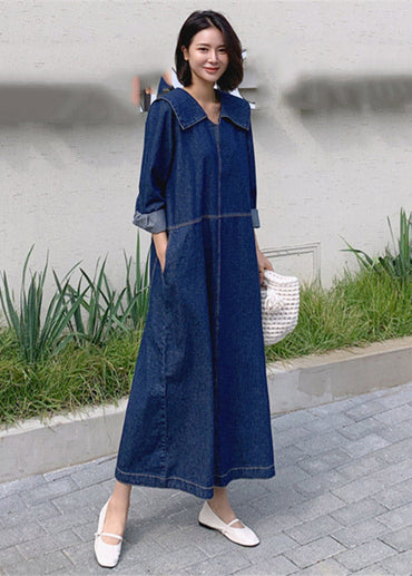 Lockeres Denim-Blaue Peter-Pan-Kragen Patchwork Taschenkleid mit langen Ärmeln