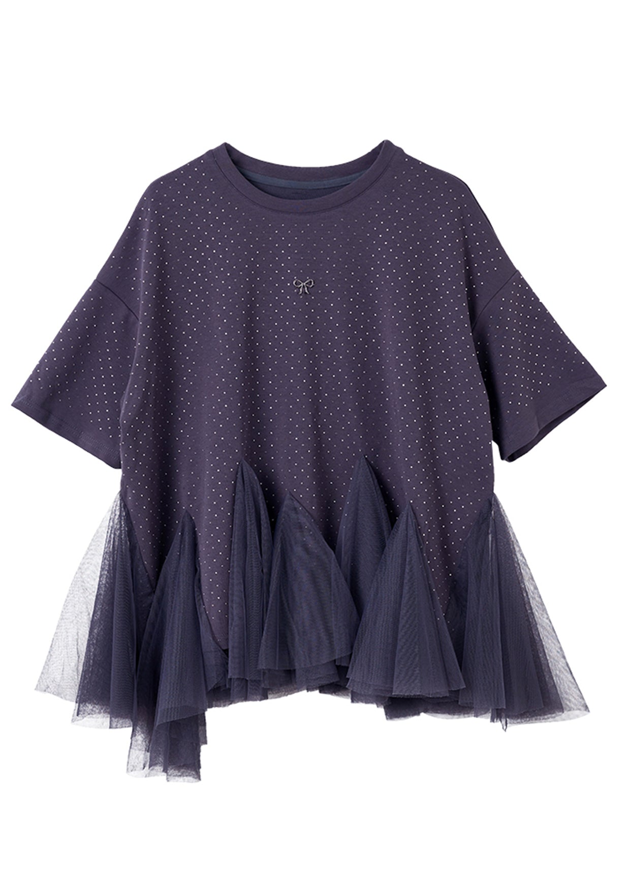 Übergrößen Graues O-Ausschnitt Tüll Patchwork Zirco Strick T-Shirt Kurzarm