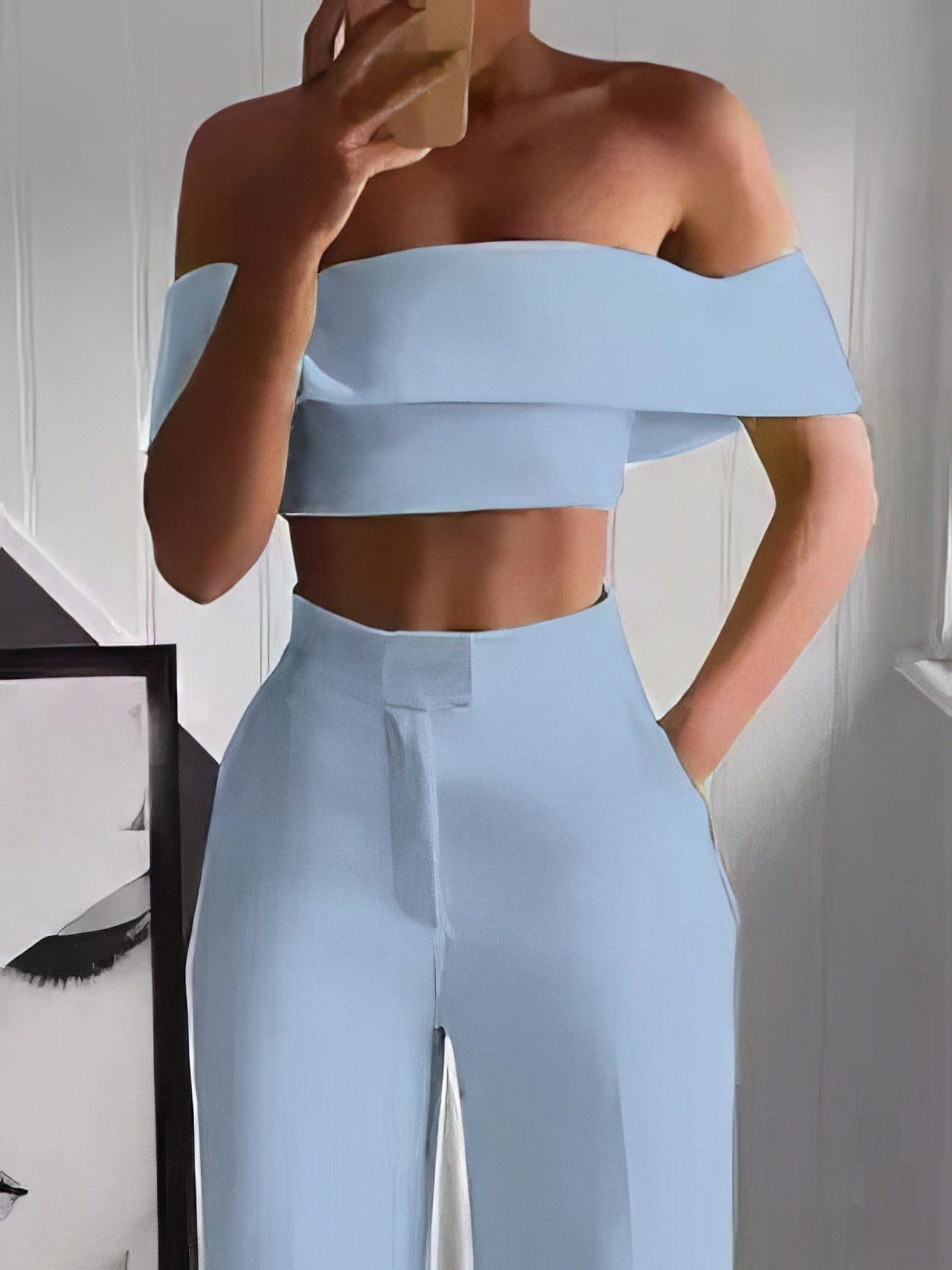 Einseitiges Crop Top & Hosenanzug mit Mop-Design, zweiteilig