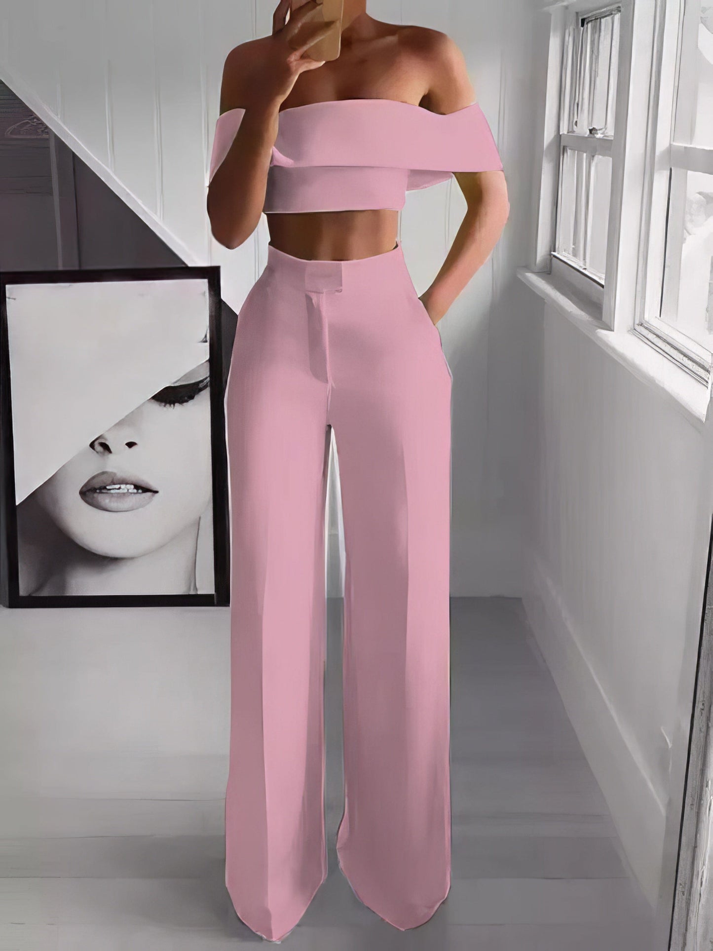 Einseitiges Crop Top & Hosenanzug mit Mop-Design, zweiteilig