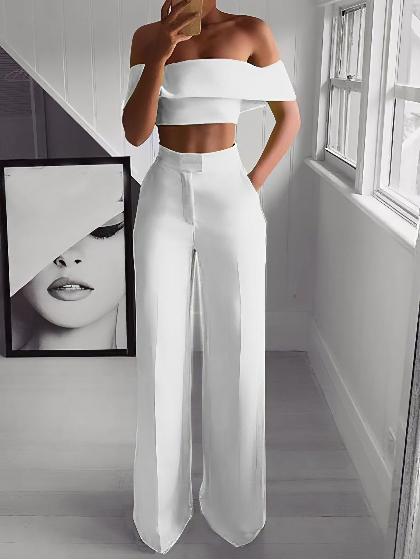 Einseitiges Crop Top & Hosenanzug mit Mop-Design, zweiteilig