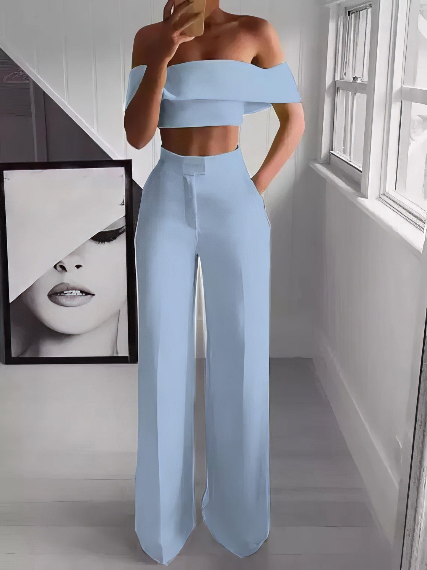 Einseitiges Crop Top & Hosenanzug mit Mop-Design, zweiteilig