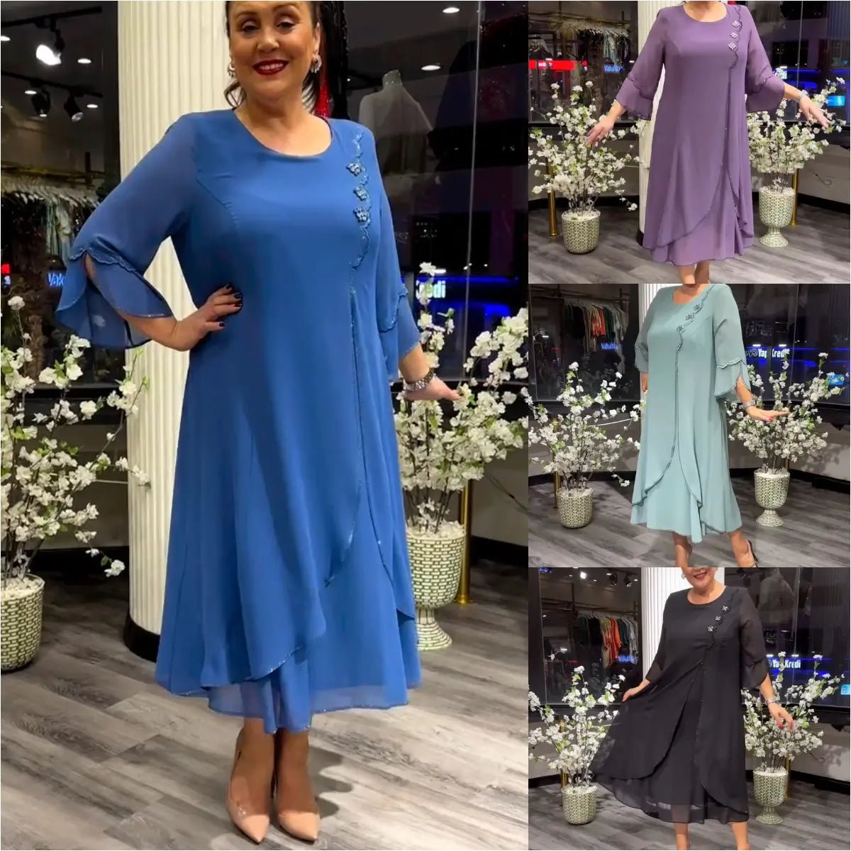 Damen Chiffon einfarbig lockeres Kleid