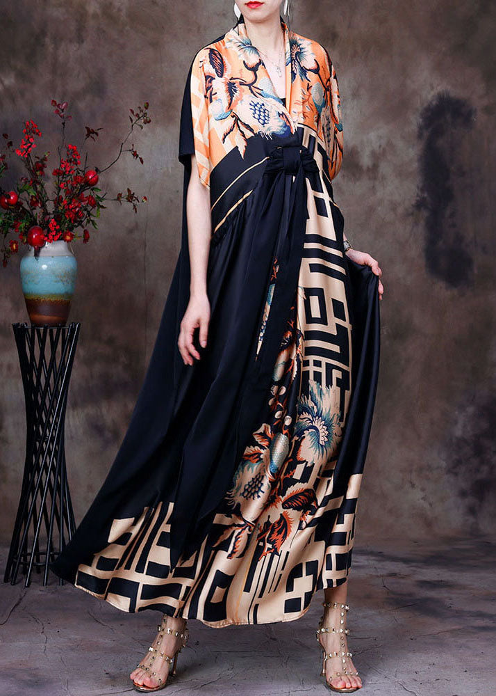 Italienisches Colorblock V-Ausschnitt Asymmetrisches Design Print Seidenkleid mit kurzen Ärmeln
