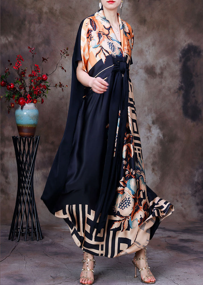 Italienisches Colorblock V-Ausschnitt Asymmetrisches Design Print Seidenkleid mit kurzen Ärmeln
