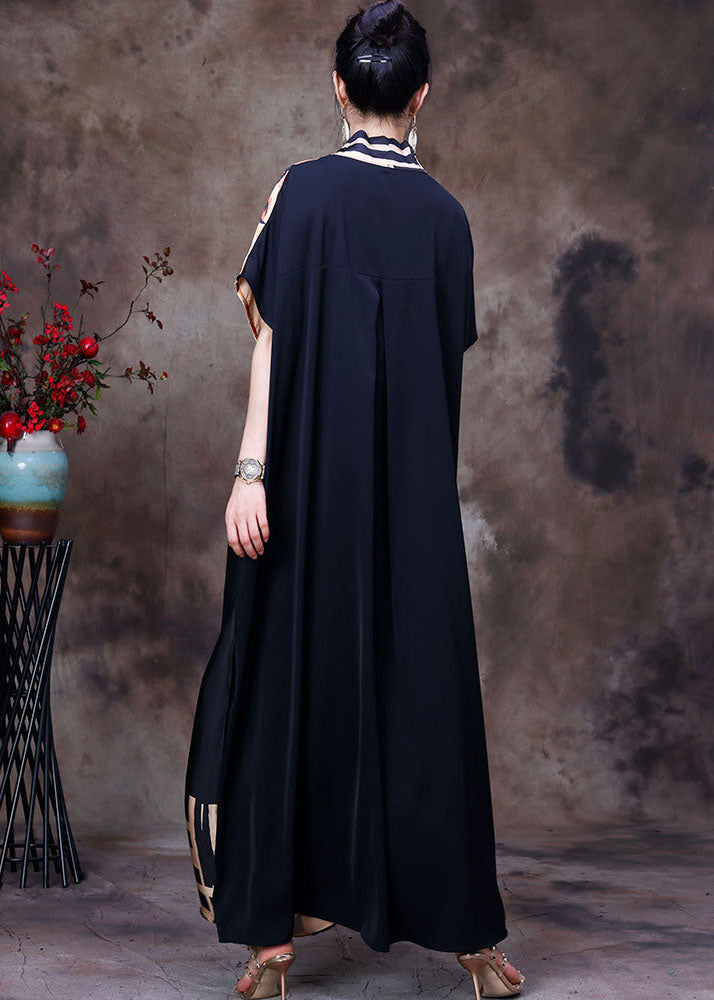 Italienisches Colorblock V-Ausschnitt Asymmetrisches Design Print Seidenkleid mit kurzen Ärmeln