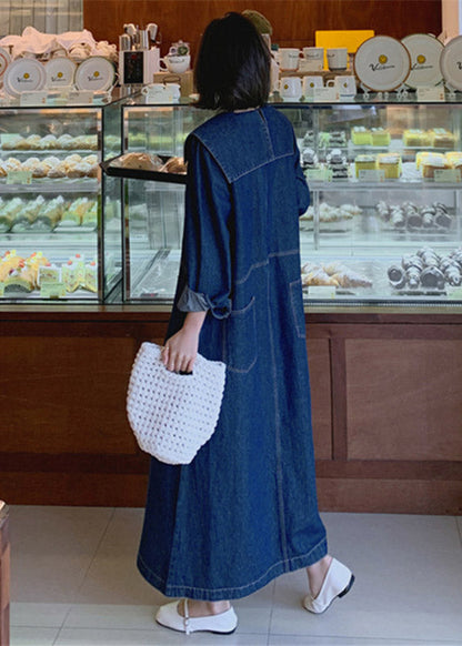 Lockeres Denim-Blaue Peter-Pan-Kragen Patchwork Taschenkleid mit langen Ärmeln