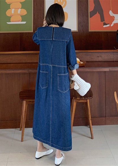 Lockeres Denim-Blaue Peter-Pan-Kragen Patchwork Taschenkleid mit langen Ärmeln