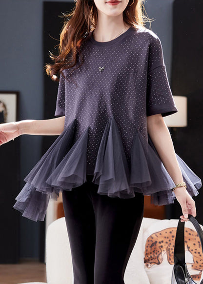 Übergrößen Graues O-Ausschnitt Tüll Patchwork Zirco Strick T-Shirt Kurzarm