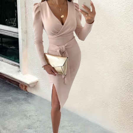 Ulaine - Langarm V-Ausschnitt Midi-Kleid