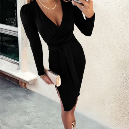 Ulaine - Langarm V-Ausschnitt Midi-Kleid