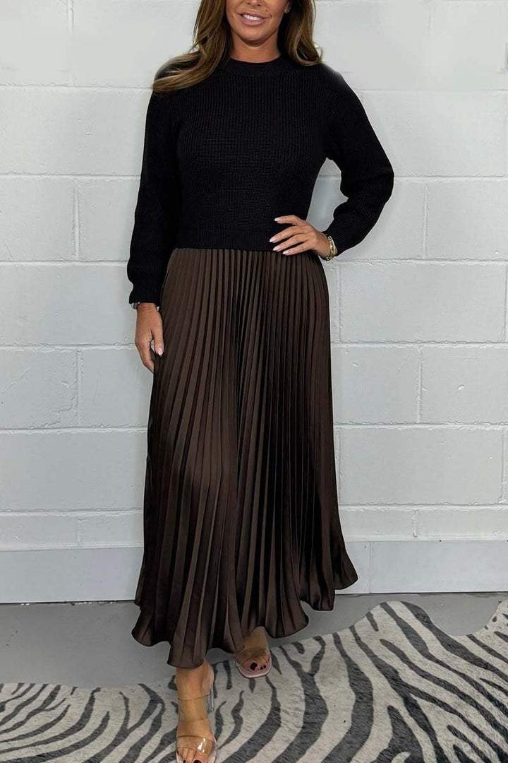 Damen einfarbiger Langarmpullover mit Plisseeröcken Kleid